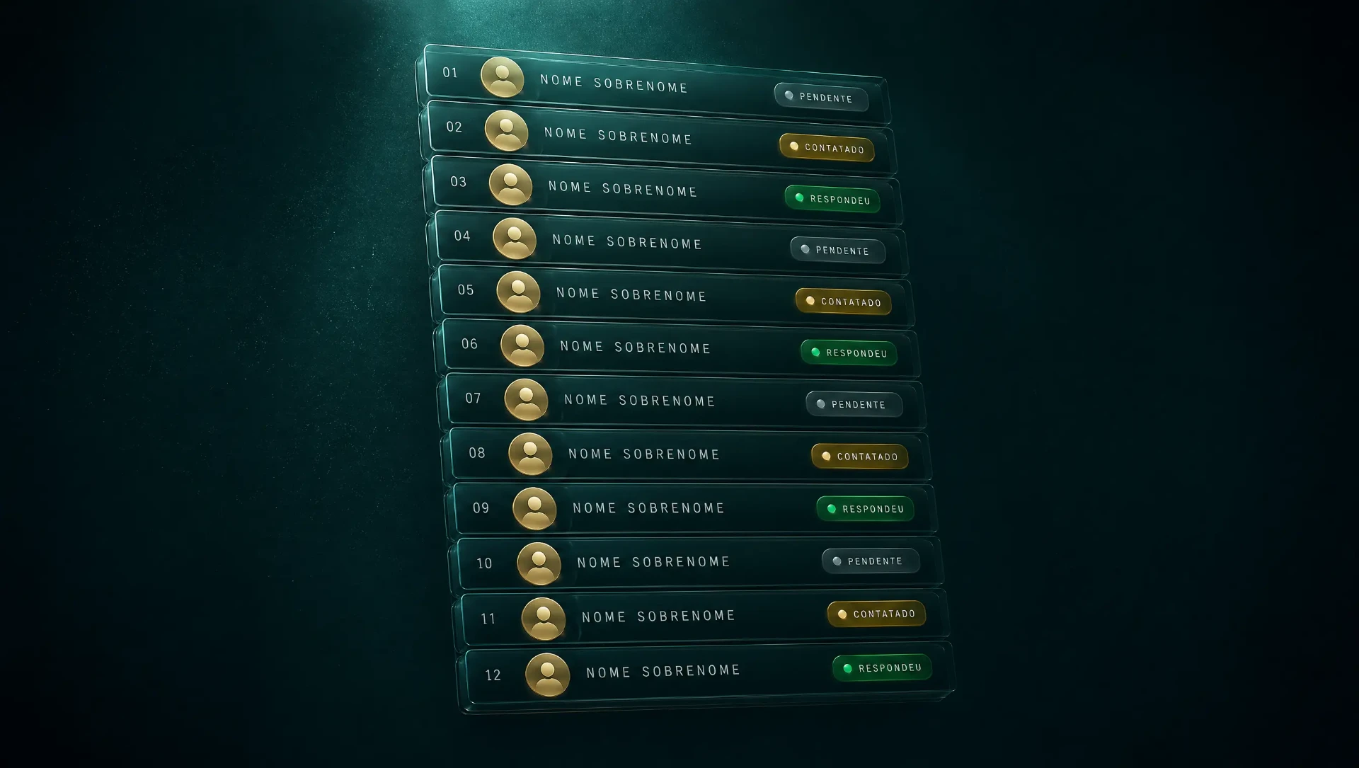 Lista isométrica de 12 cards de prospects com avatares gold e badges de status em 3 cores